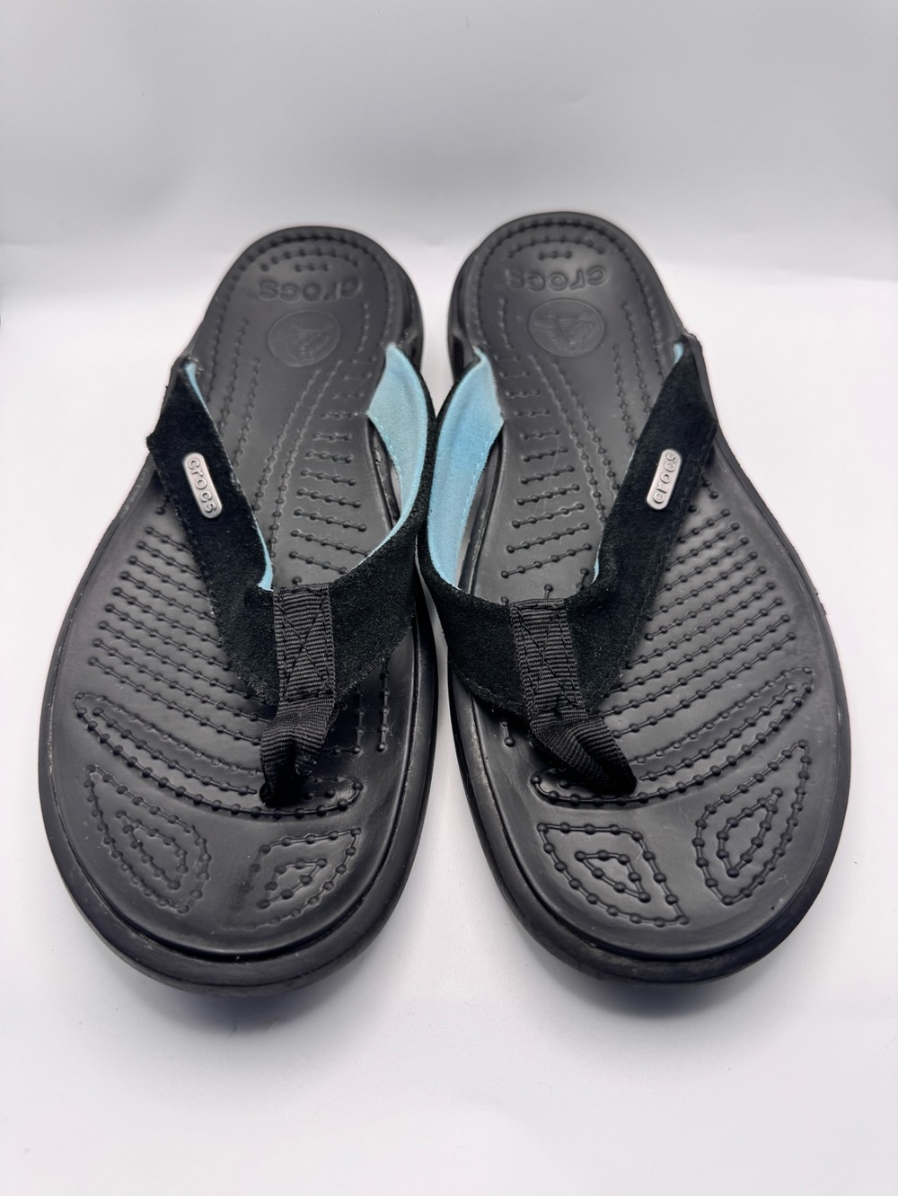 Crocs Women's Capri IVFlip Flop Sandals Teal/Black Slip-On Logo Accent US 9